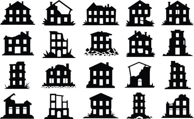 Obraz premium Collection of damaged and destroyed house silhouettes in various states of disrepair