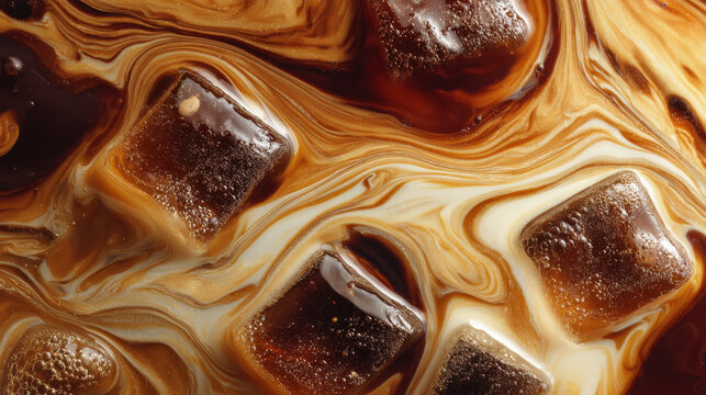 Close up of a refreshing iced coffee latte with milk and ice cubes for cafe and lifestyle concepts