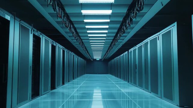 Server room interior showcasing long rows of racks housing computer hardware, symbolizing digital cloud services, network infrastructure, and cybersecurity in a modern tech environment