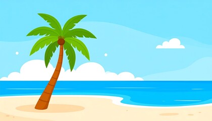 Obraz premium Tropical beach scene with palm tree and blue ocean.