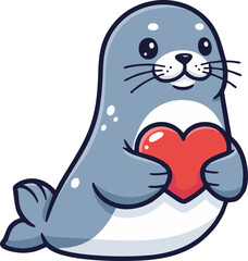 Obraz premium Cute Seal Mascot Holding Red Heart Love Sign for Valentine and Mother's Day