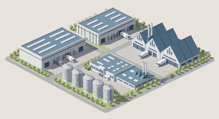 Isometric View of a Modern Industrial Complex with Warehouses and Silos. © Fais