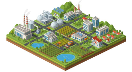 Isometric View of a Sustainable City with Green Energy and Agriculture.