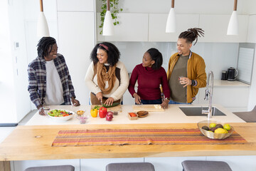 African American friends chopping and preparing meal at wooden kitchen island with cutting boards © wavebreak3