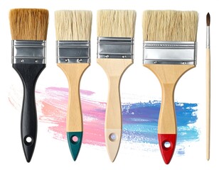 Paintbrushes of Various Sizes and Bristle Types on Colorful Background.