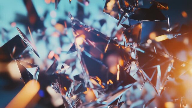 Abstract fragments of clear shattered glass exploding and scattering against a vibrant gradient background with bokeh light, creating a dynamic sense of breakage and energy