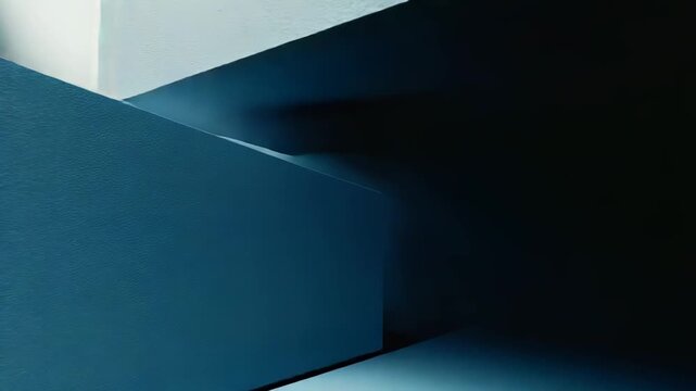 Interlocking blue and teal geometric blocks form a minimalist architectural composition, casting dramatic light and shadow to create depth, contrast, and modern 3d structure