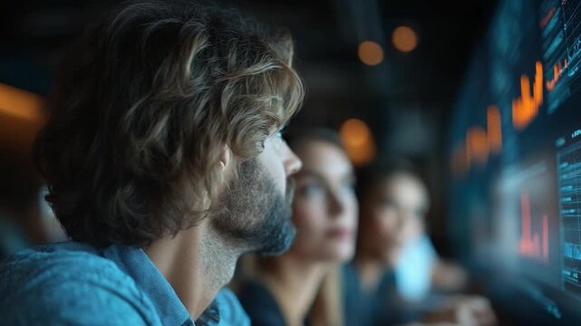 Data Analysis Visualization: Three professionals intently focused, studying intricate data visualizations on a digital display, highlighting the core of modern technology and data driven approach.