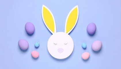 Fototapeta premium Paper bunny face with pastel eggs on blue