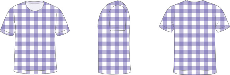 Purple checkered t shirt mockup displayed in front, side, and back view. Stylish apparel template featuring seamless plaid pattern for fashion presentation. Editable vector garment design ideal for br