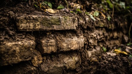 Cross-section of layered soil and debris showing evidence of repeated earth formations and geological history