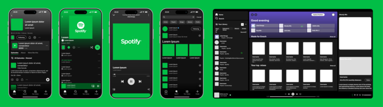 Spotify music streaming service mockup with music display theme, playlist interface, and playback screen design. Vector illustration for digital music platform sample UI.