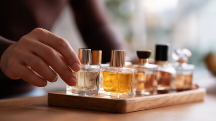 Woman picking up perfume bottle from wooden tray at home  