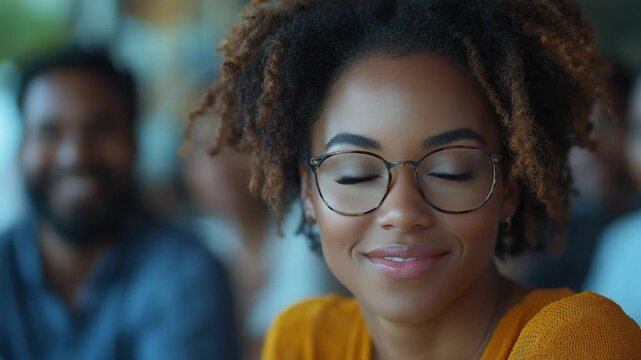 Inner Peace: Portrait of a woman, radiating a sense of serenity. Her eyes gently closed, a soft smile graces her lips, and the subtle lighting enhances the tranquility she embodies.