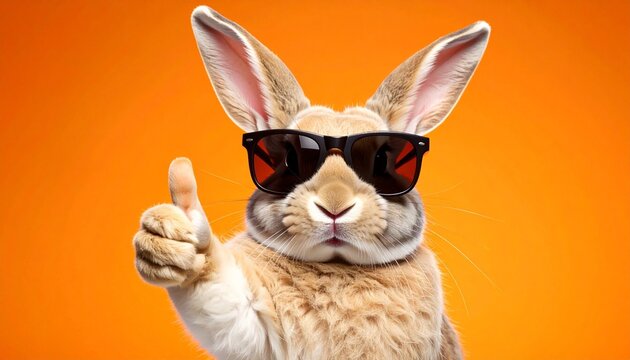 Brown rabbit with sunglasses giving thumbs-up on orange