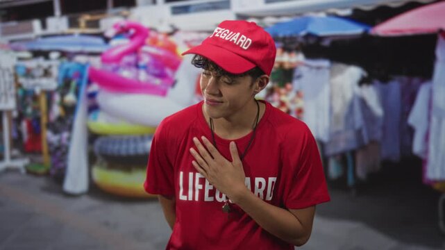 Lifeguard teen places hand on chest in a street market wearing red lifeguard shirt and whistle around neck; pride duty.