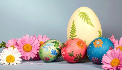Fototapeta premium Decorative Easter eggs with daisies on blue background