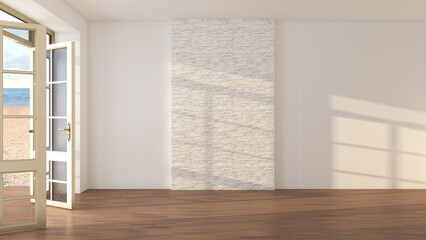 Fototapeta premium Bright empty interior with wooden floor stone accent wall and open glass door to sandy beach and blue ocean. Modern coastal home with natural light and copy space. 3D Illustration