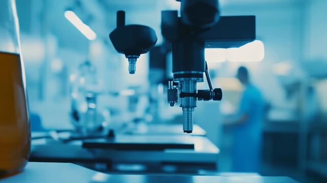Advanced precision measuring coordinate machine inspecting a complex component in a sophisticated research and development laboratory, with blurred scientists working in the background
