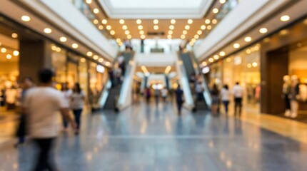 Fototapeta premium Blurry image of shoppers and escalators in a modern, brightly lit shopping mall