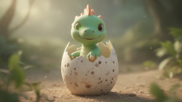 Cute baby dinosaur hatching from a speckled egg, soft lighting