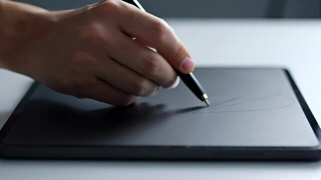 Close-Up of a Hand Using a Stylus to Draw on a Digital Tablet Screen