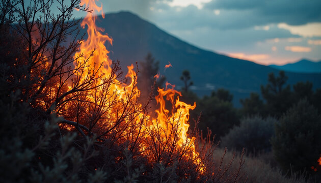 Wildfire spreading through dry bush in mountainous landscape with smoky sky. Wildfire rapidly consumes vegetation and causes destruction in natural habitat.