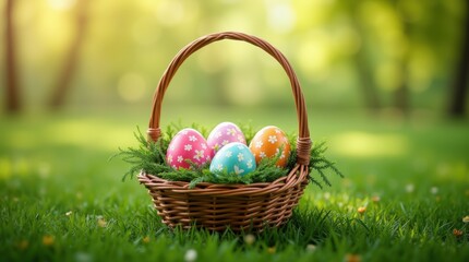Fototapeta premium Wicker basket holding decorated Easter eggs and plain eggs on lush green lawn, representing spring celebration, Orthodox traditions, and new beginnings during the holiday season. Copy space