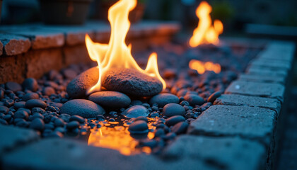 Fire flames on smooth gray stones creating tranquil ambiance in relaxation area. Captivating fire features natural stones and glowing embers reflecting in surroundings. Ideal for outdoor spaces,