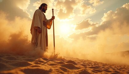 Scene from the Bible with Moses holding a staff in desert landscape, golden sunlight illuminating dusty background. Biblical scene captures Moses in solitude, embodying strength and faith.