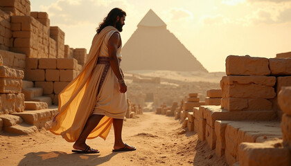 Scene from the Bible with Moses walking through ancient ruins and pyramids at sunset. This scene captures Moses in flowing robes, surrounded by stones and ancient Egyptian structures.
