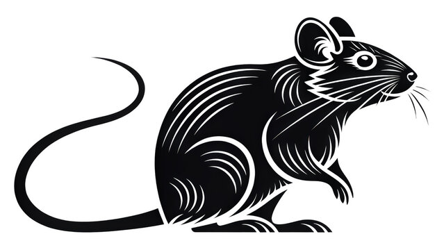 Artistic black mouse silhouette with decorative line work and long curled tail design art