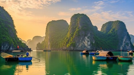 A serene landscape of boats on a tranquil green ocean surrounded by majestic limestone mountains at sunrise