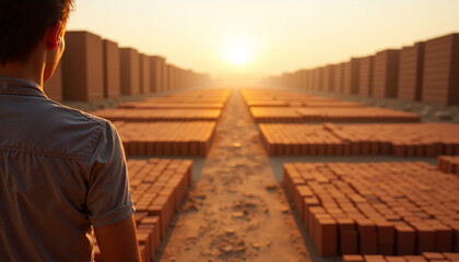 Worker observing brick factory with stacks of clay bricks at sunset. Brick production scene shows rows of building materials in warm light, highlighting labor and craftsmanship in a brick factory.