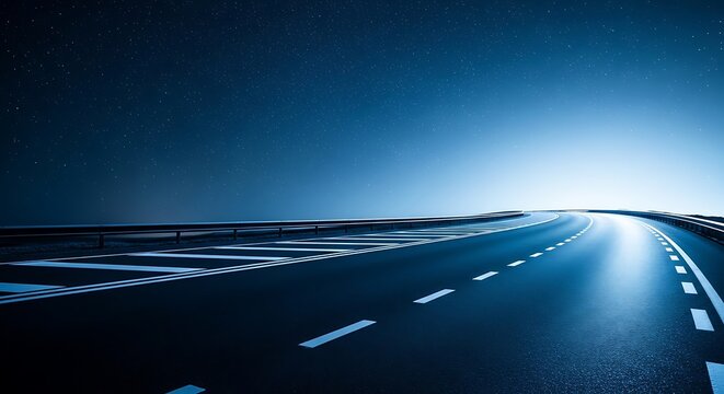 Illuminated road curves under a starry night sky, leading towards a bright horizon