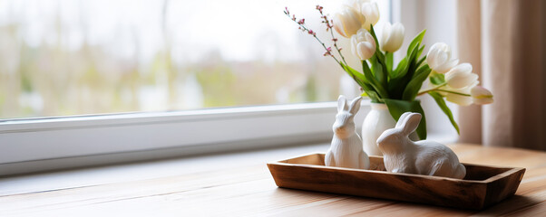 White ceramic rabbits and tulips in vase on wooden table by window  