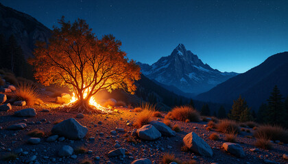 Majestic mountain landscape at twilight with glowing tree and campfire near rocky terrain. Scenic mountain backdrop features peaks against deep blue sky,