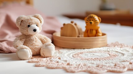 Soft teddy bear and wooden toys on a cozy blanket in a child's room  