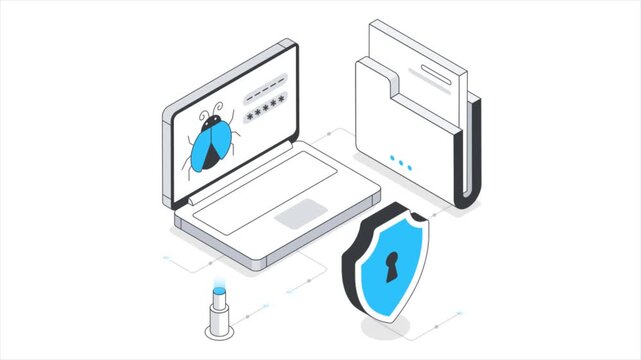 Computer Antivirus  Isometric Animation on white background 