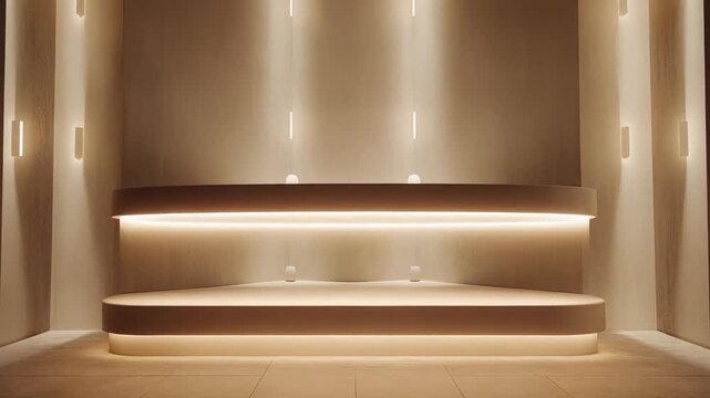 Minimalist interior design features a curved, lit podium against a textured wall, creating a serene and zen atmosphere with warm ambient lighting in a contemporary space