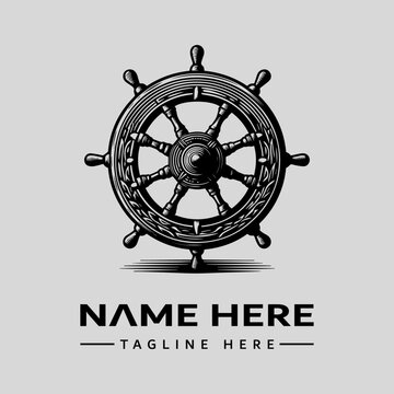 A detailed vintage-style woodcut illustration of a ship's wheel with ropes, presented as a logo or icon on a plain gray background, with space for a name and tagline.