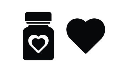 Black silhouettes of a pill bottle and heart shape