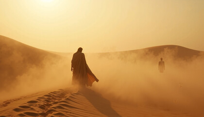 Scene from the Bible with Moses walking through desert sands at sunset, silhouette captured in dramatic light. Historical moment evokes spirituality and reflection on faith,