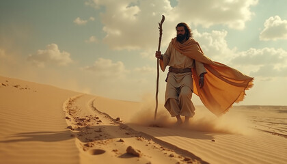 Scene from the Bible with Moses walking through desert landscape, wearing traditional garments and holding a staff. Moses leads journey across sandy terrain,