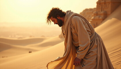 Scene from the Bible with Moses in desert landscape examining sand, sun setting behind dunes. Moses is portrayed in flowing garment, illustrating spiritual journey.