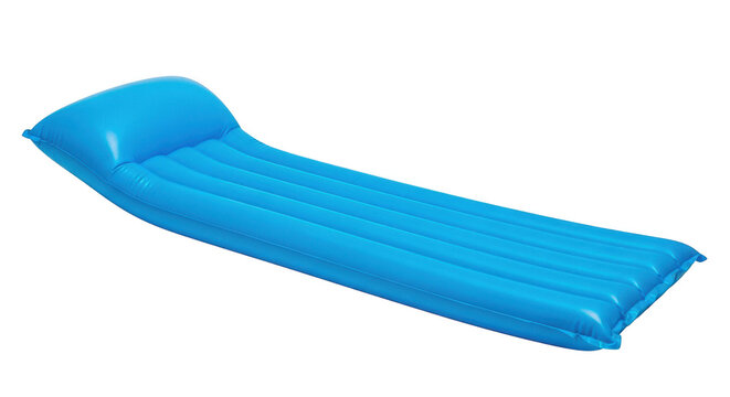 Blue inflatable pool raft floating on transparent checkered background for summer fun and relaxation