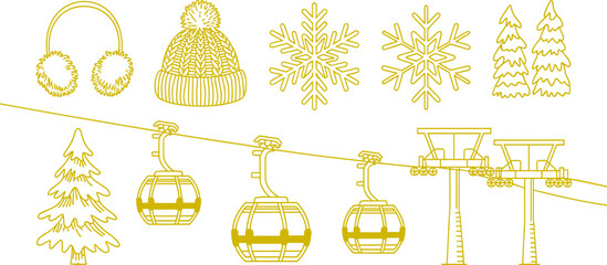 Winter ski resort illustration, yellow line art design with gondolas, snowflakes, pine trees, hat and earmuffs, decorative artwork for posters, prints, decor © MSTESMOTARA