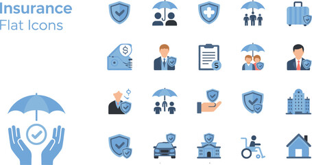 Insurance icon set illustration, blue and black flat design with shields, umbrellas, families, cars, houses, travel, perfect for presentations, infographics, software