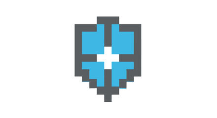 Obraz premium A pixelated shield icon with a cross in the center, symbolizing protection, displayed prominently against a simple background