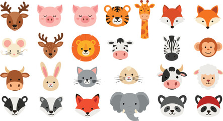 Obraz premium Cute Woodland and Farm Animal Face Collection with Cartoon Safari, Forest and Domestic Character Illustrations